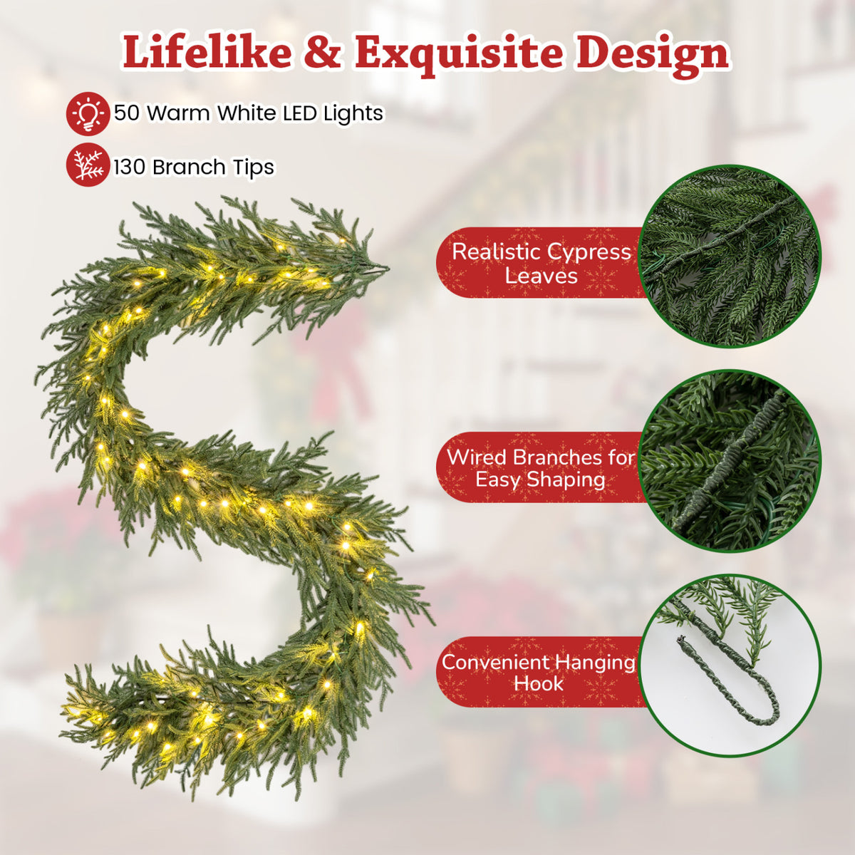 9 FT Artificial Christmas Garland with 50 Warm White LED Lights & Tips