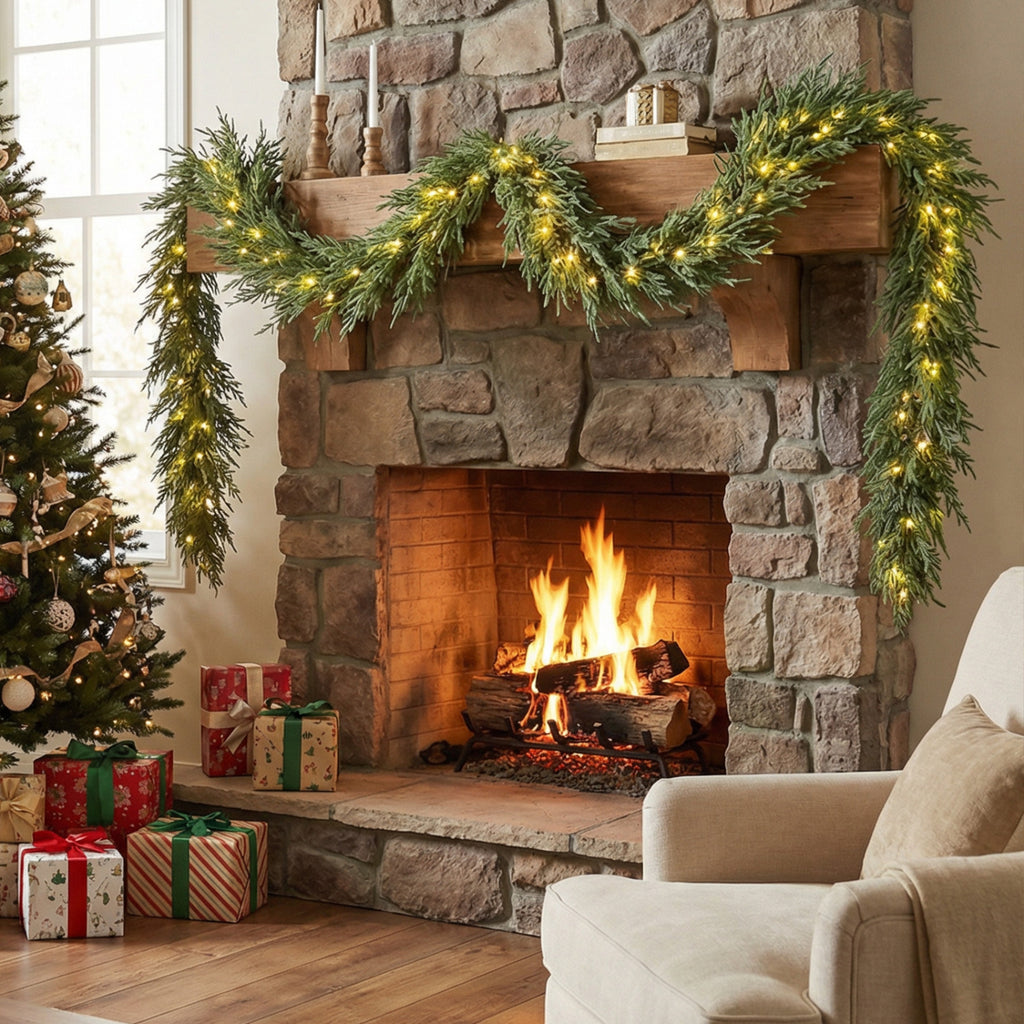 9 FT Artificial Christmas Garland with 50 Warm White LED Lights & Tips