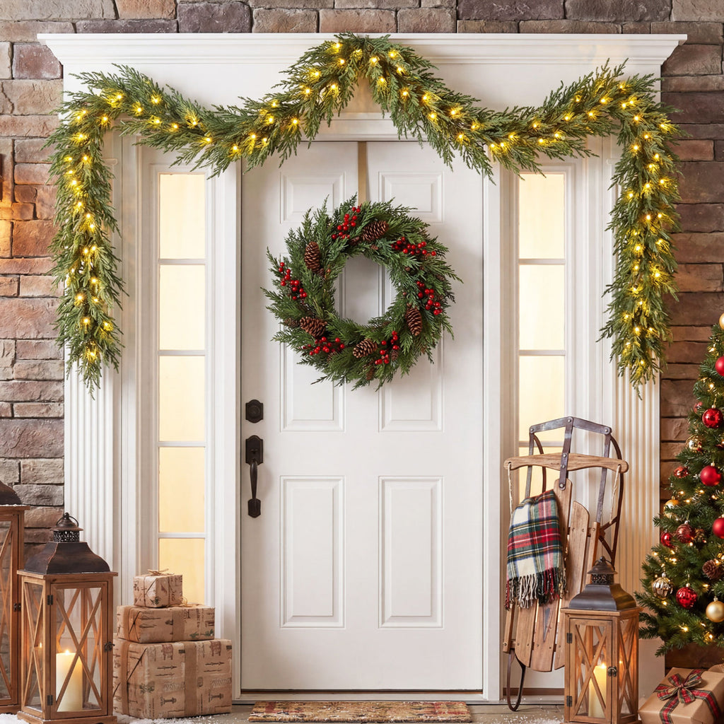 9 FT Artificial Christmas Garland with 50 Warm White LED Lights & Tips