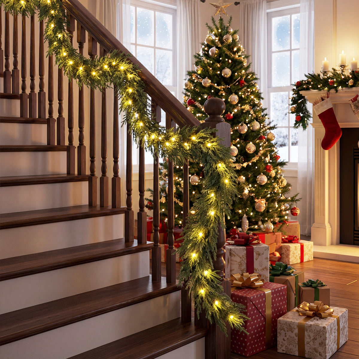 9 FT Artificial Christmas Garland with 50 Warm White LED Lights & Tips