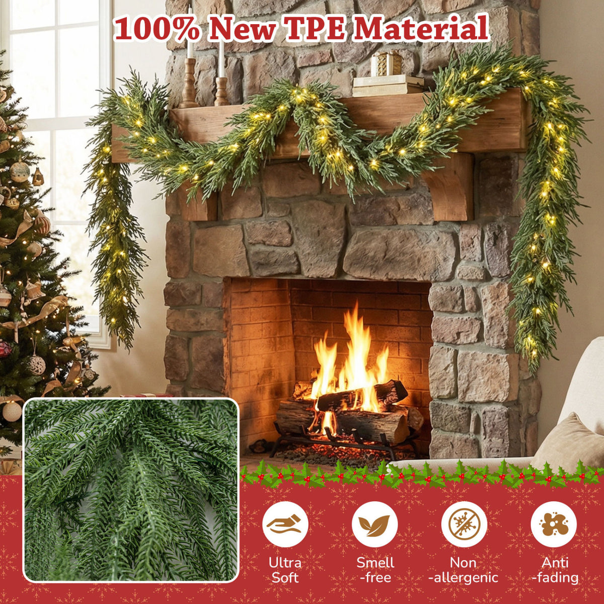 9 FT Artificial Christmas Garland with 50 Warm White LED Lights & Tips