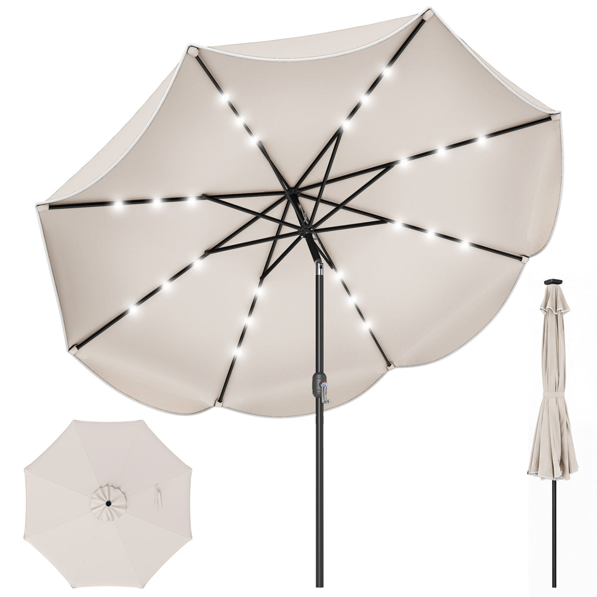 9 FT Scalloped Solar Patio Umbrella Market Table with 24 LED Lights