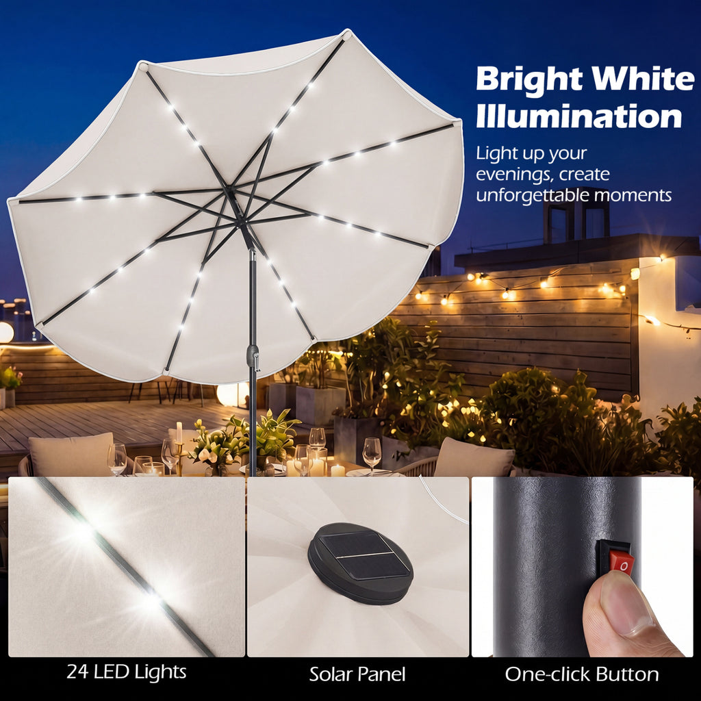 9 FT Scalloped Solar Patio Umbrella Market Table with 24 LED Lights