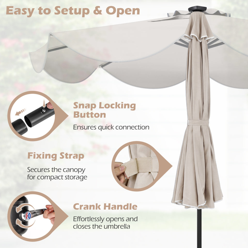9 FT Scalloped Solar Patio Umbrella Market Table with 24 LED Lights