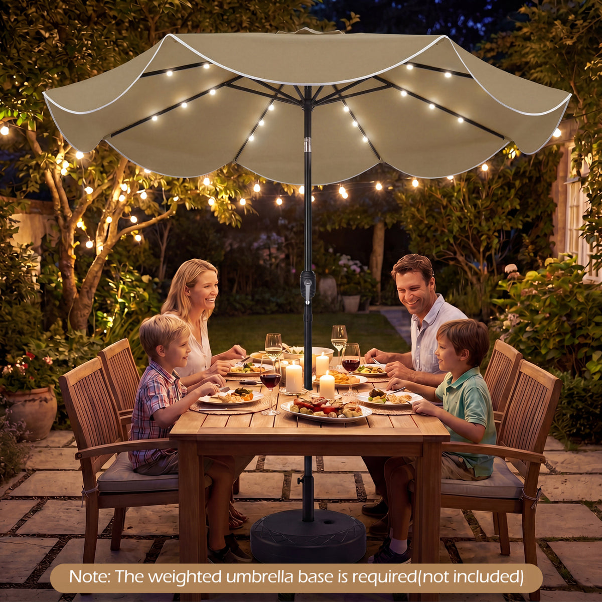 9 FT Scalloped Solar Patio Umbrella Market Table with 24 LED Lights