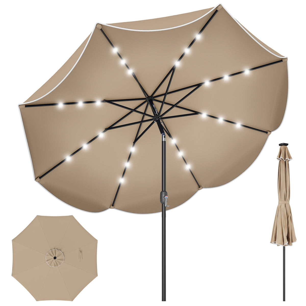 9 FT Scalloped Solar Patio Umbrella Market Table with 24 LED Lights