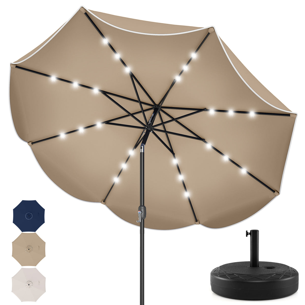 9 FT Scalloped Solar Patio Umbrella Market Table with 24 LED Lights