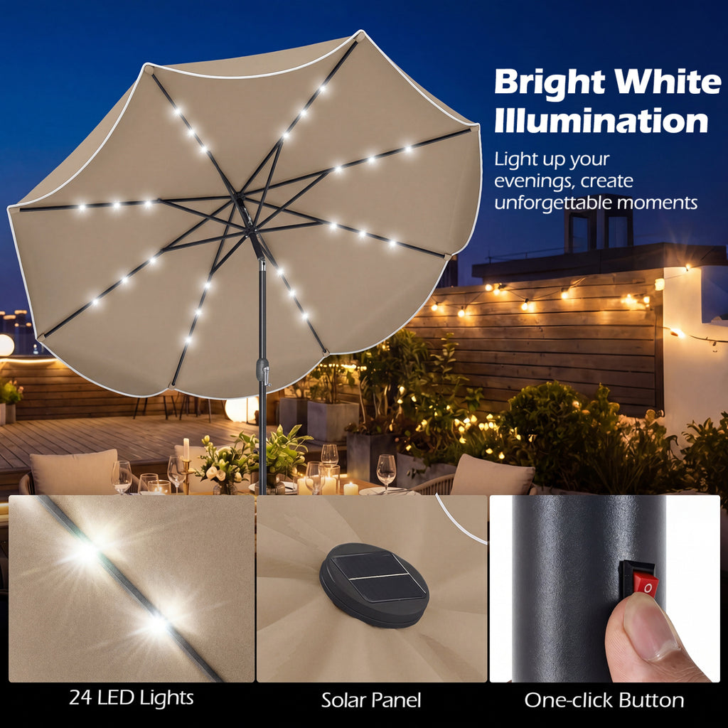 9 FT Scalloped Solar Patio Umbrella Market Table with 24 LED Lights