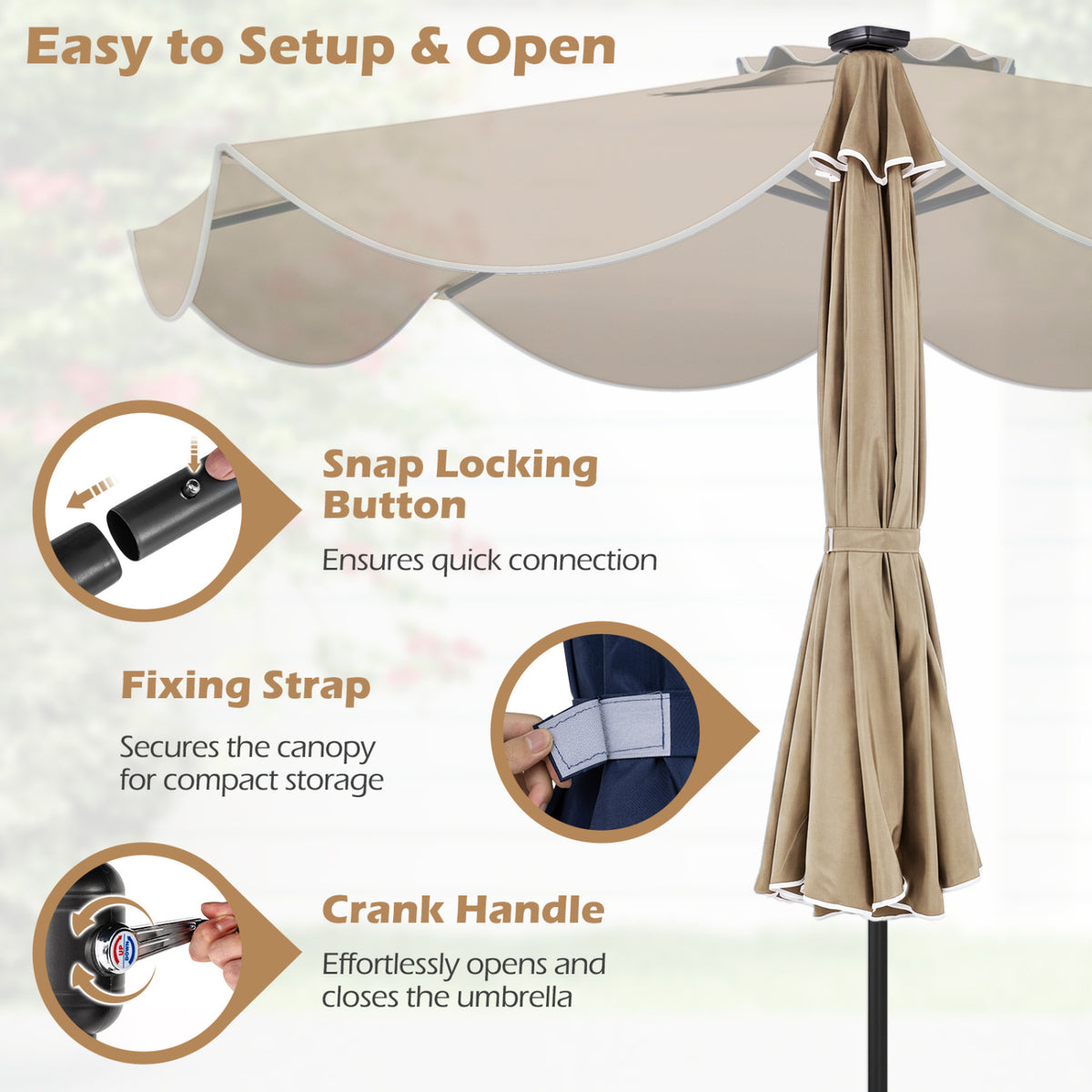 9 FT Scalloped Solar Patio Umbrella Market Table with 24 LED Lights