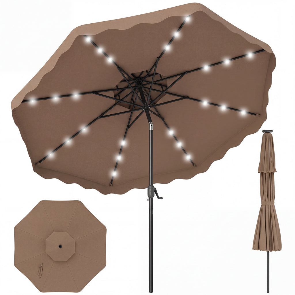 9 ft Solar LED Patio Umbrella with Tilt & Crank, 24 Lights – Brown