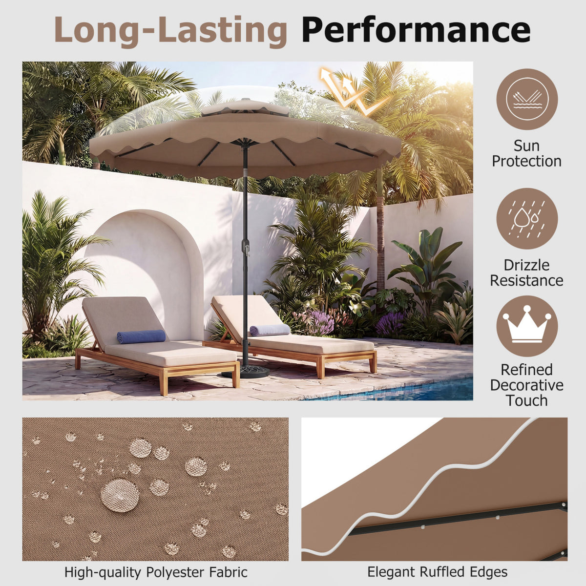 9 ft Solar LED Patio Umbrella with Tilt & Crank, 24 Lights – Brown
