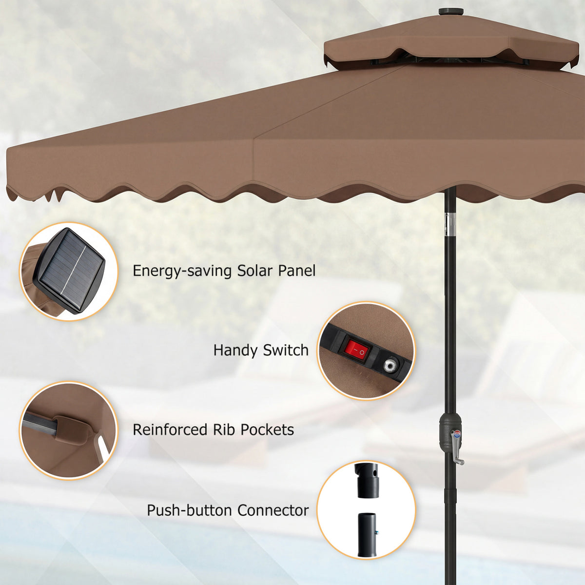 9 ft Solar LED Patio Umbrella with Tilt & Crank, 24 Lights – Brown