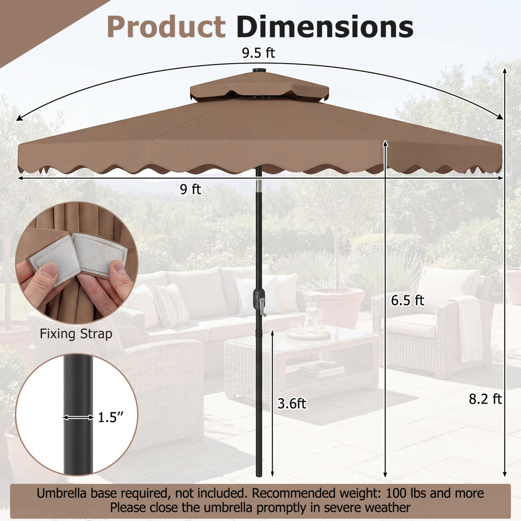 9 ft Solar LED Patio Umbrella with Tilt & Crank, 24 Lights – Brown