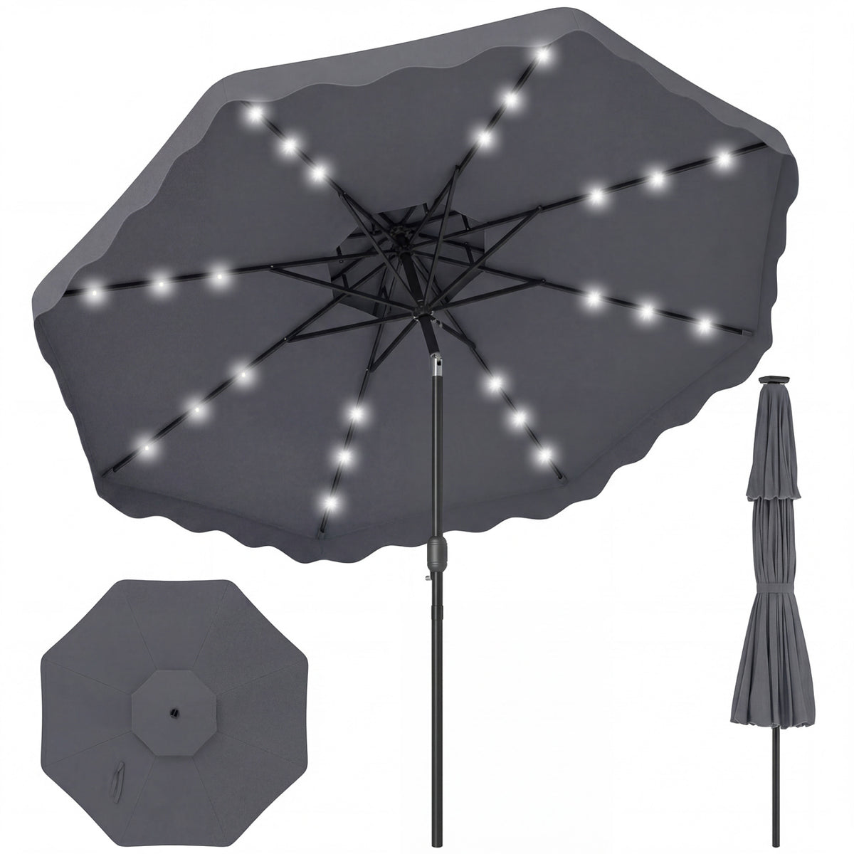 9 FT Solar LED Patio Umbrella with Crank Tilt – 24 LED Lights, Gray