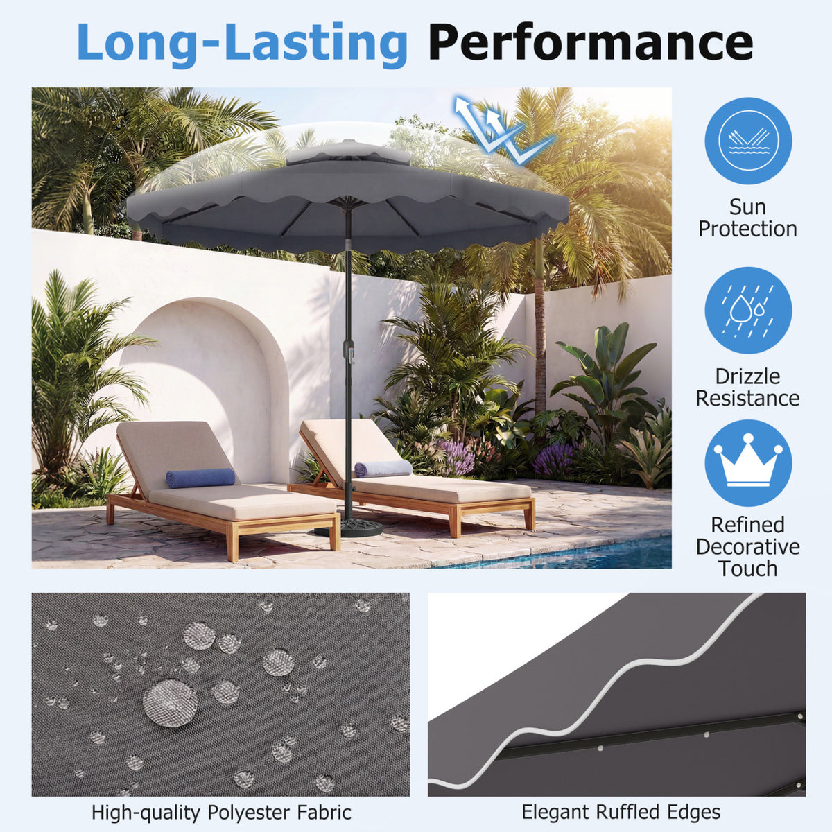 9 FT Solar LED Patio Umbrella with Crank Tilt – 24 LED Lights, Gray