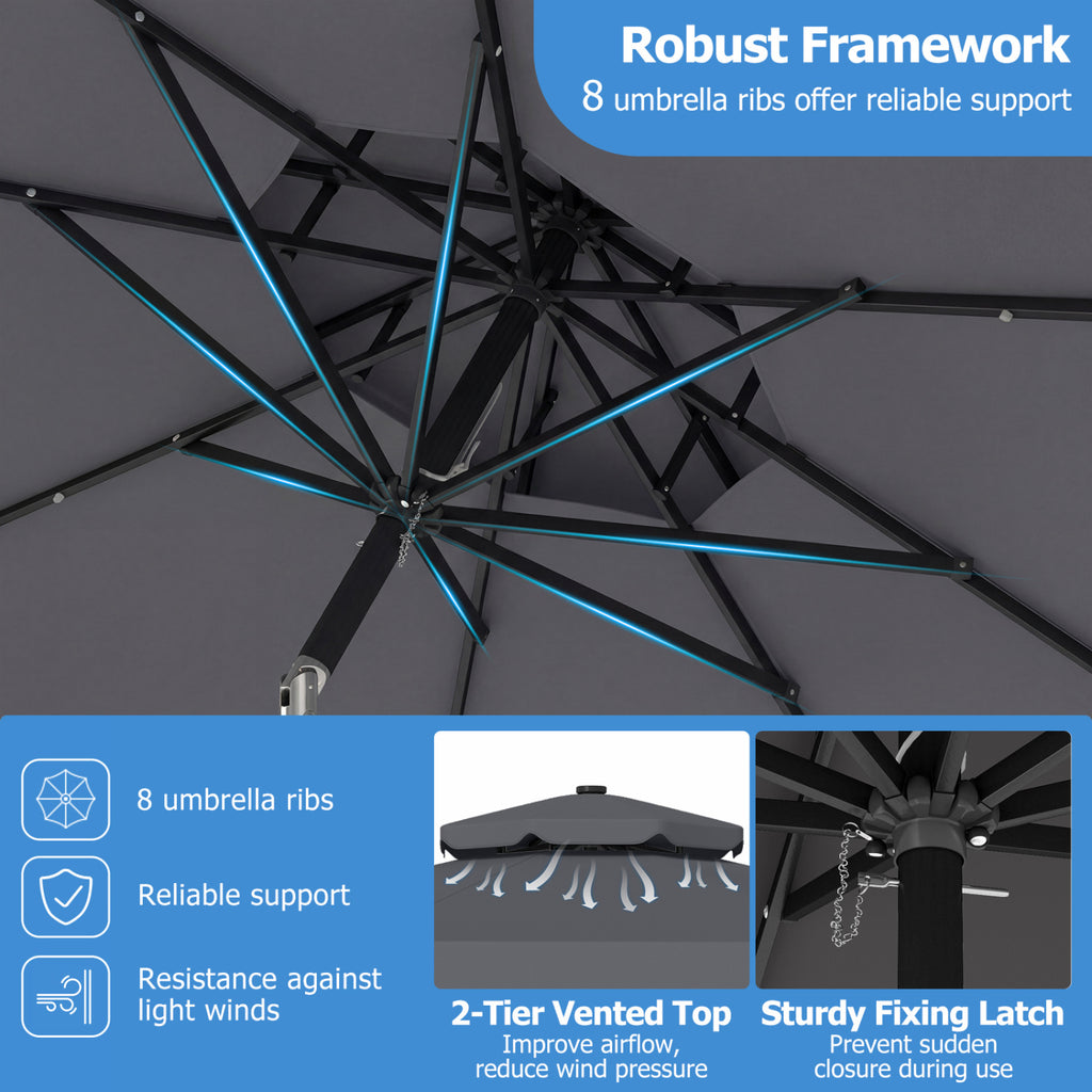 9 FT Solar LED Patio Umbrella with Crank Tilt – 24 LED Lights, Gray