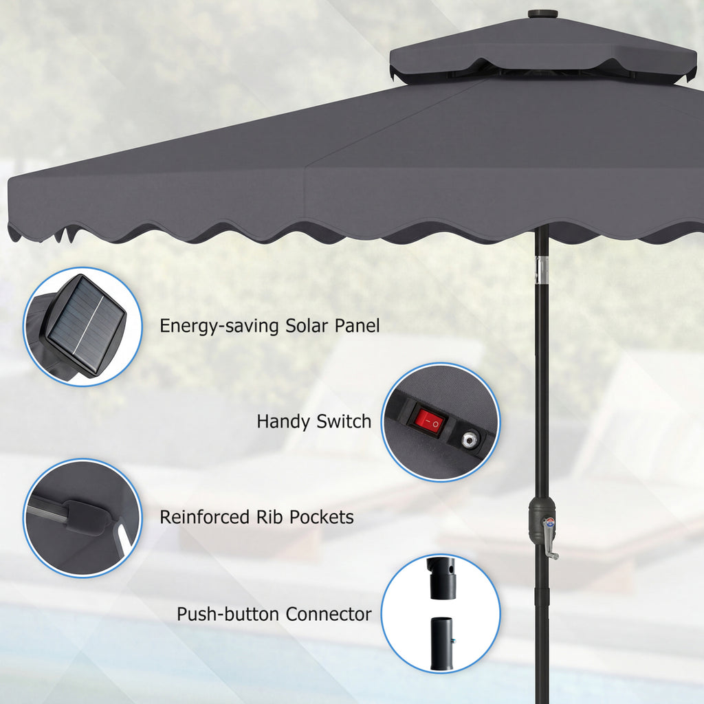 9 FT Solar LED Patio Umbrella with Crank Tilt – 24 LED Lights, Gray