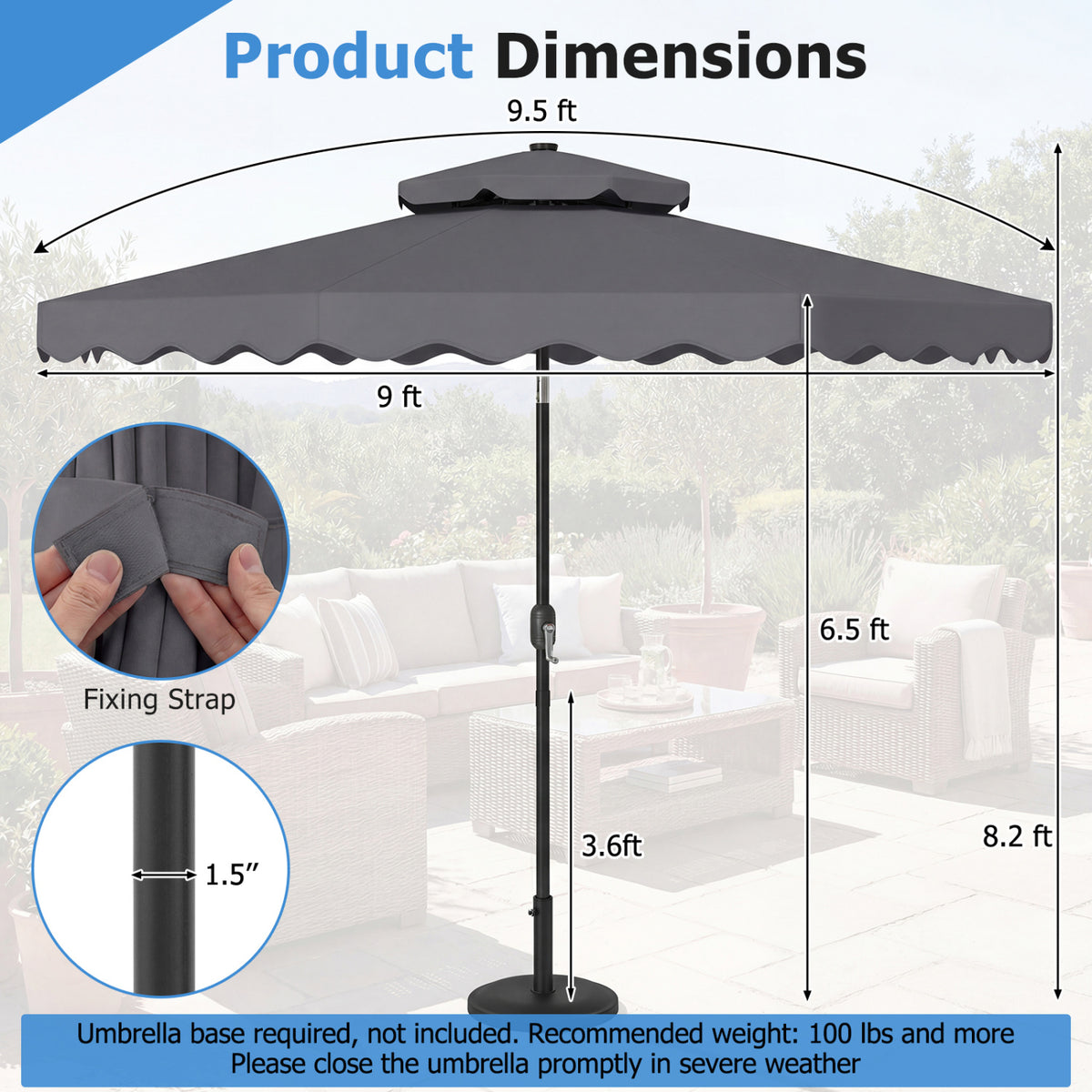 9 FT Solar LED Patio Umbrella with Crank Tilt – 24 LED Lights, Gray