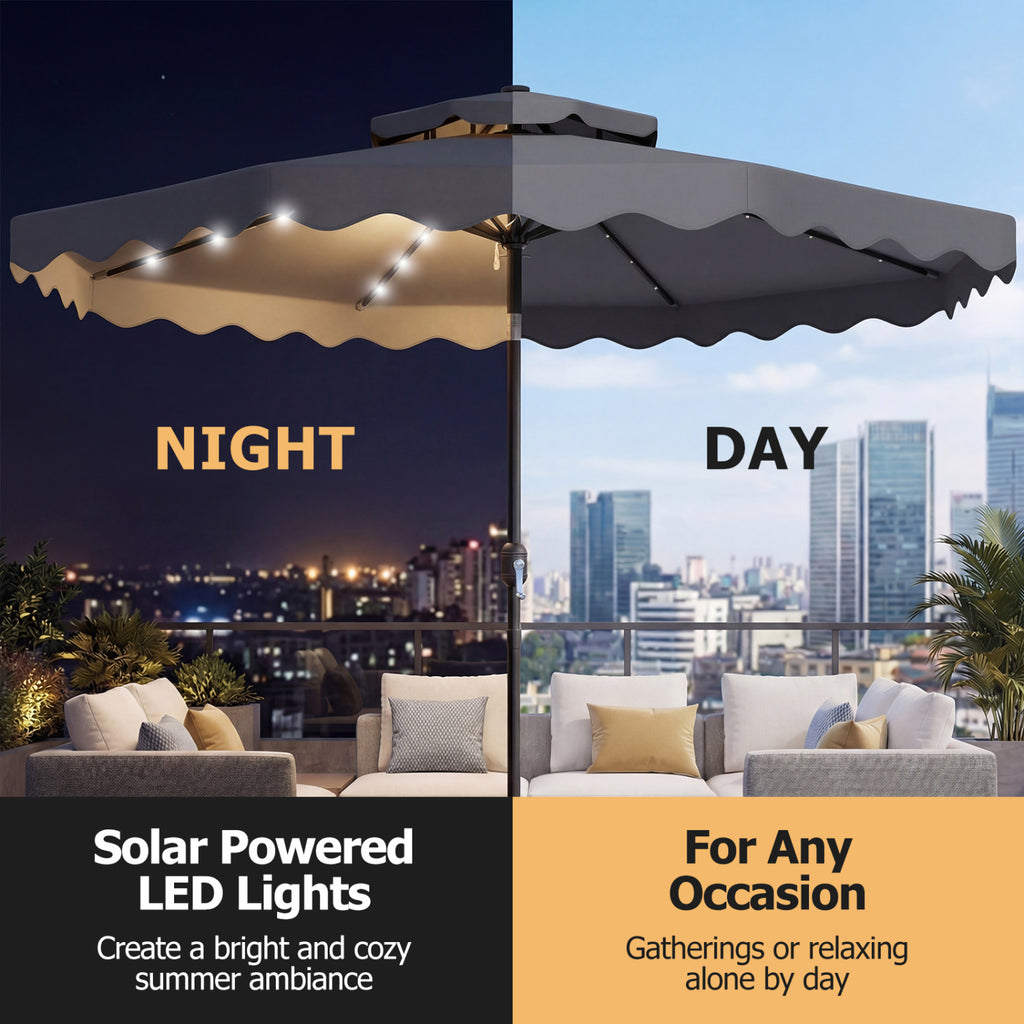 9 FT Solar LED Patio Umbrella with Crank Tilt – 24 LED Lights, Gray