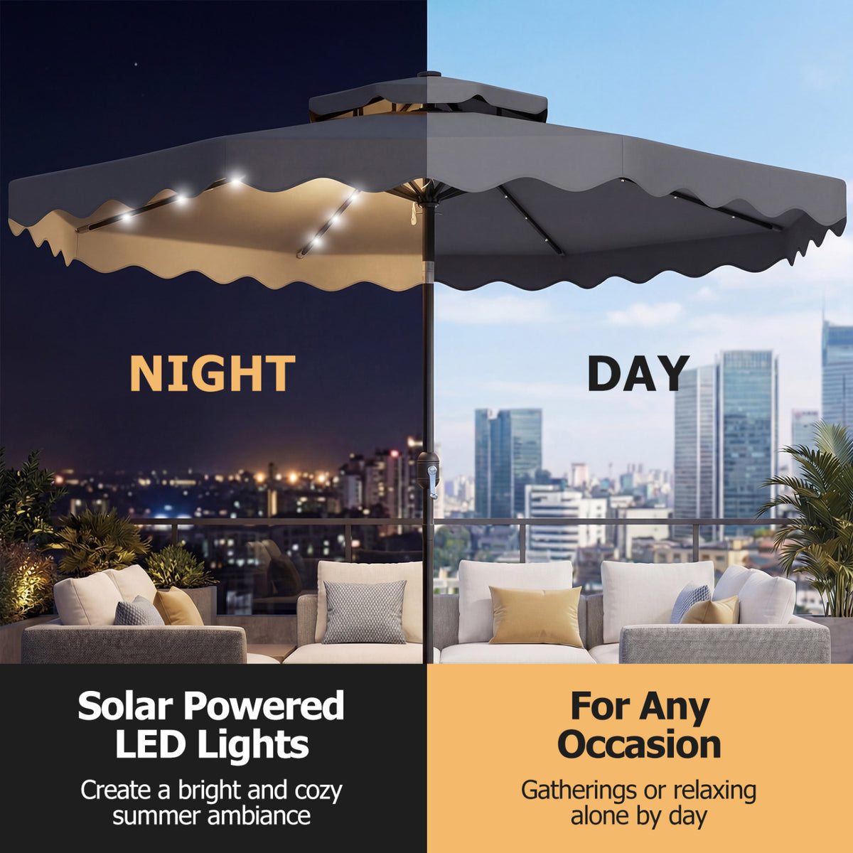 9 FT Solar LED Patio Umbrella with Crank Tilt – 24 LED Lights, Gray