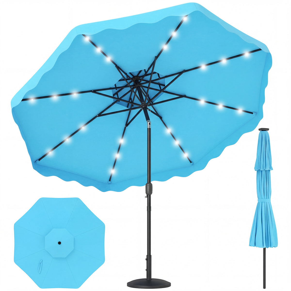 9 FT Solar LED Patio Umbrella Push-Button Tilt and Crank 24 Lights 8