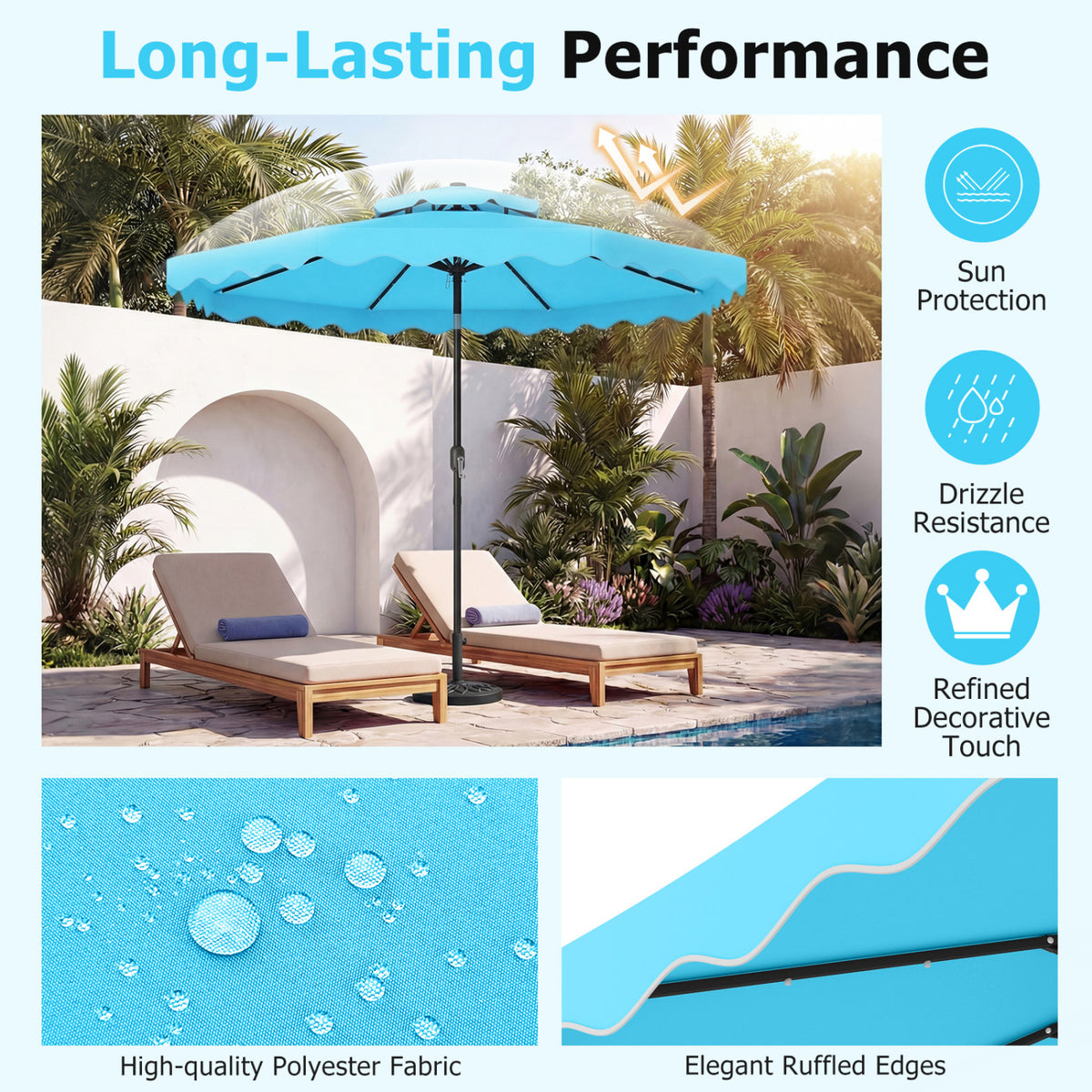 9 FT Solar LED Patio Umbrella Push-Button Tilt and Crank 24 Lights 8