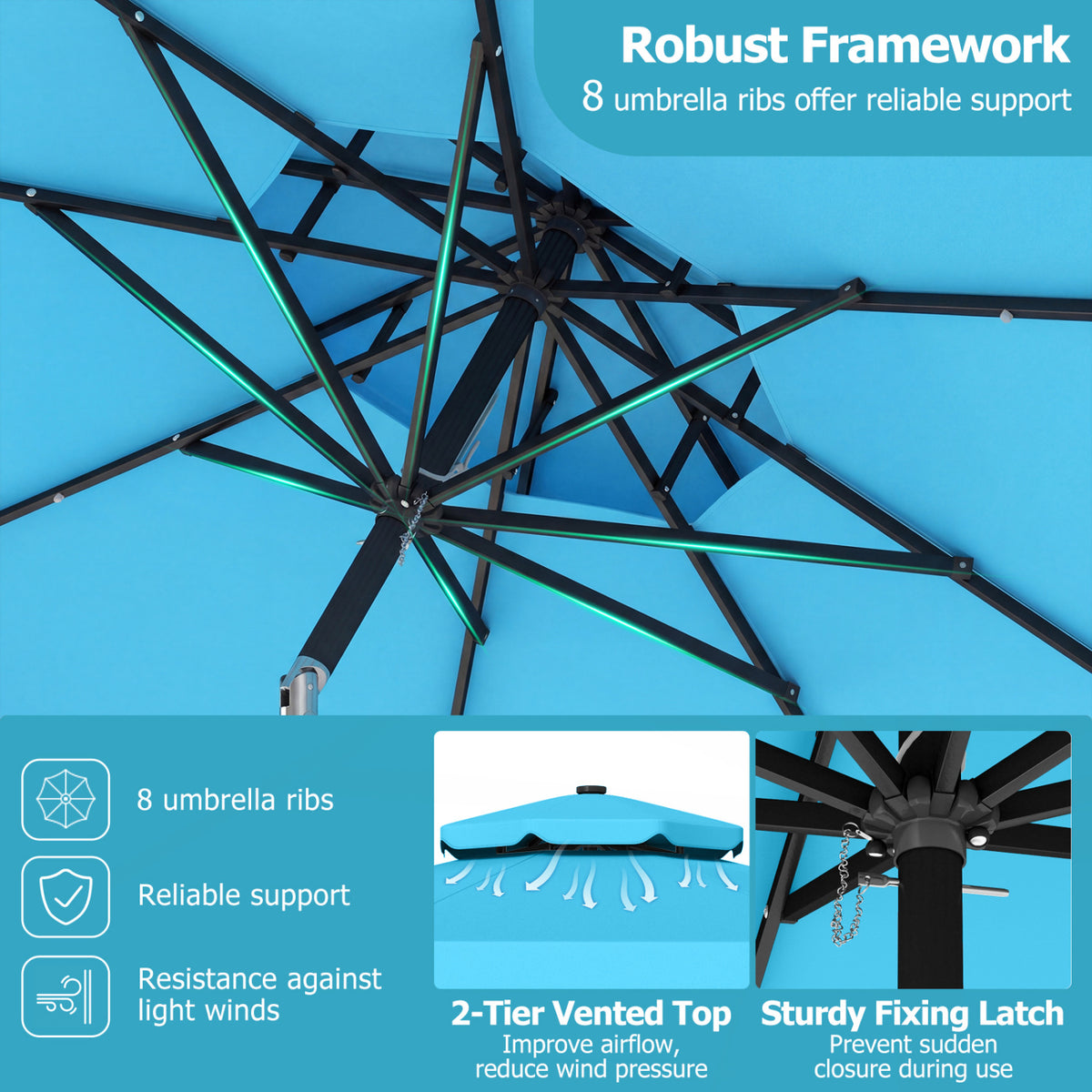 9 FT Solar LED Patio Umbrella Push-Button Tilt and Crank 24 Lights 8