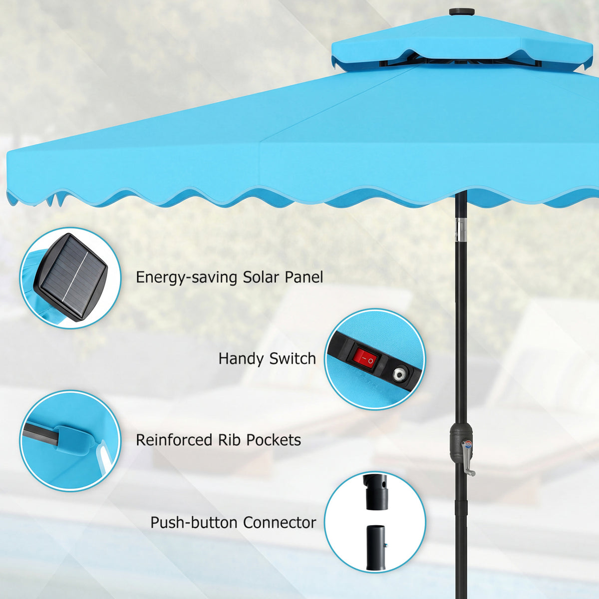 9 FT Solar LED Patio Umbrella Push-Button Tilt and Crank 24 Lights 8