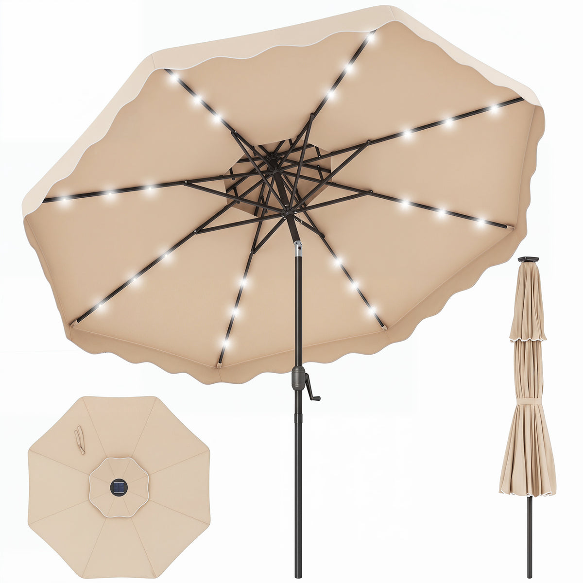 9 Ft Solar LED Patio Umbrella with Push-Button Tilt & Crank – Beige