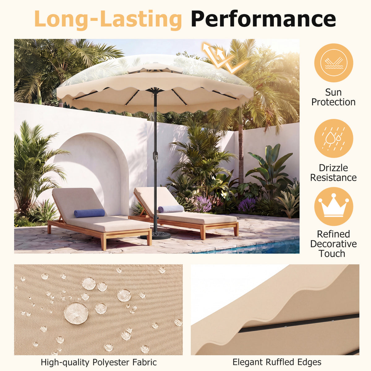 9 Ft Solar LED Patio Umbrella with Push-Button Tilt & Crank – Beige