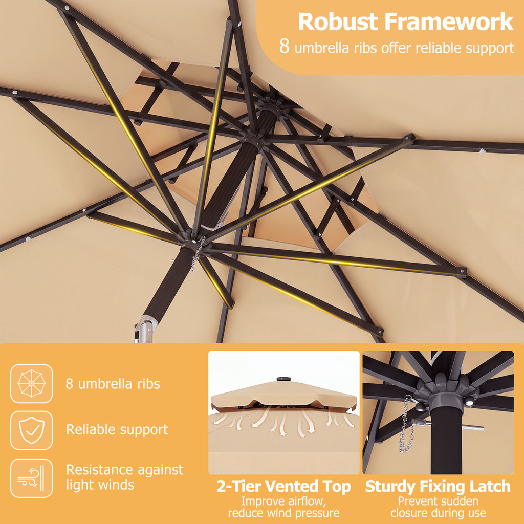 9 Ft Solar LED Patio Umbrella with Push-Button Tilt & Crank – Beige