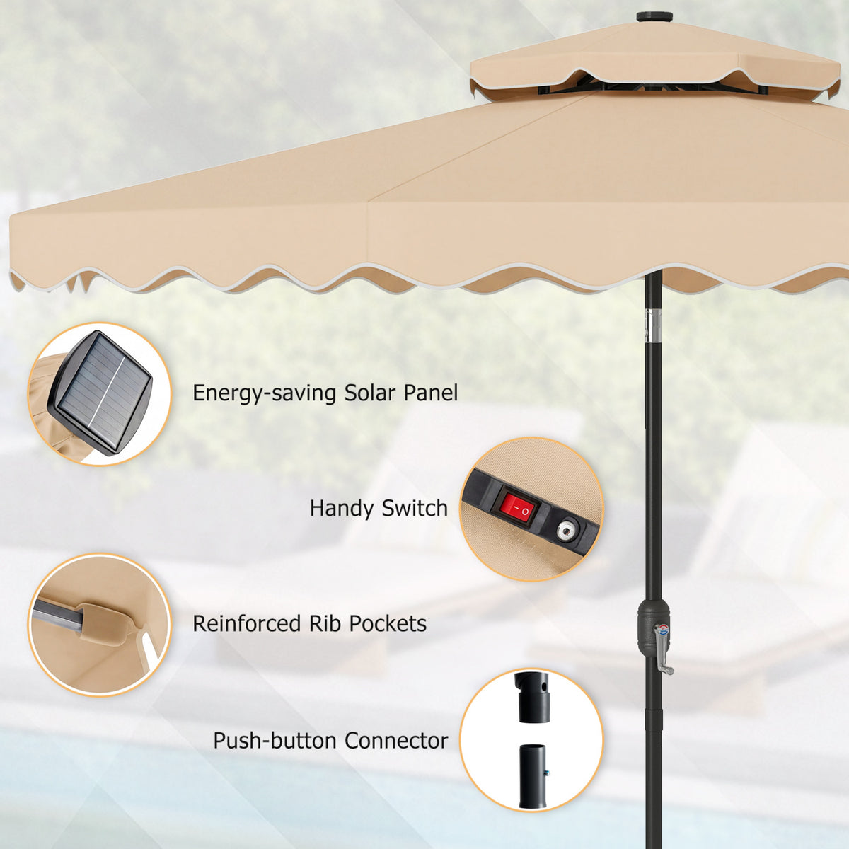 9 Ft Solar LED Patio Umbrella with Push-Button Tilt & Crank – Beige