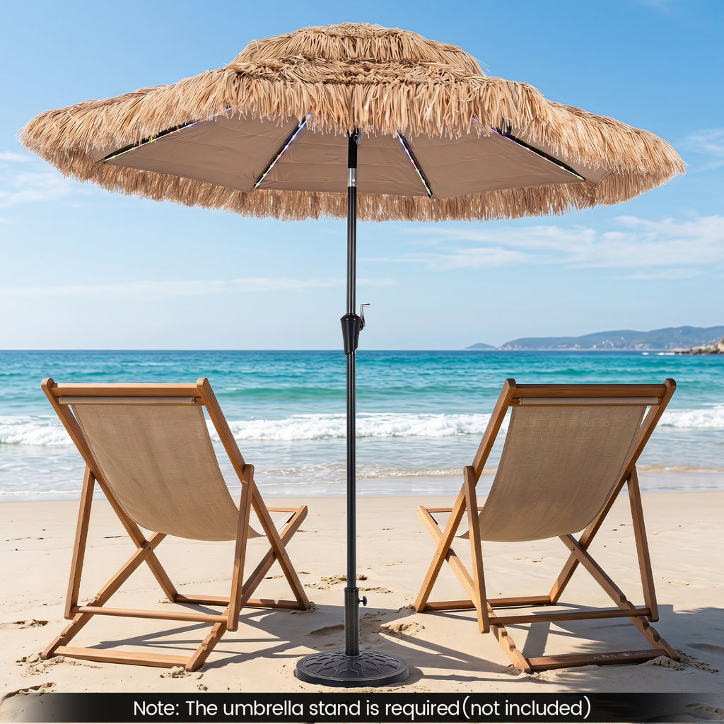 9 FT Solar Thatched Tiki Umbrella with 96 Multi-colored Flowing