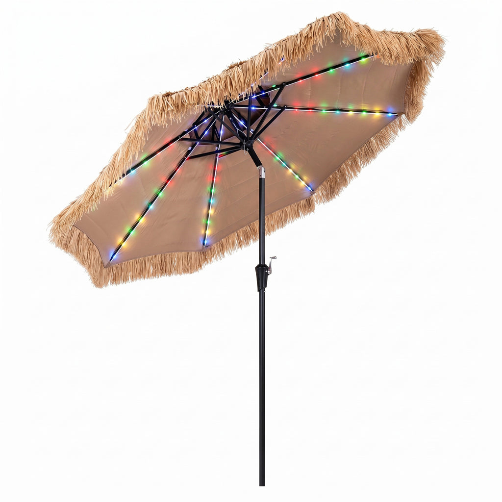 9 FT Solar Thatched Tiki Umbrella with 96 Multi-colored Flowing