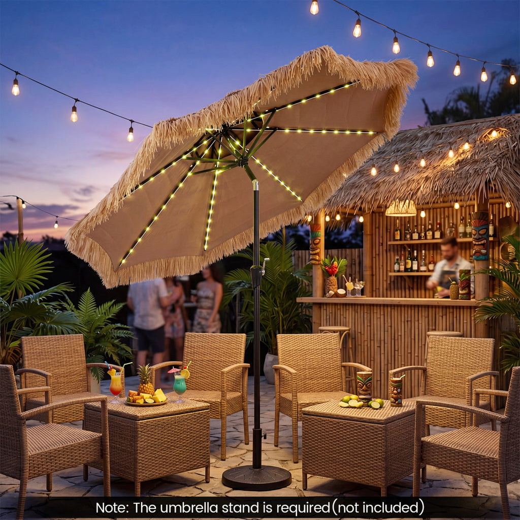 9 FT Solar Thatched Tiki Umbrella with 96 Multi-colored Flowing