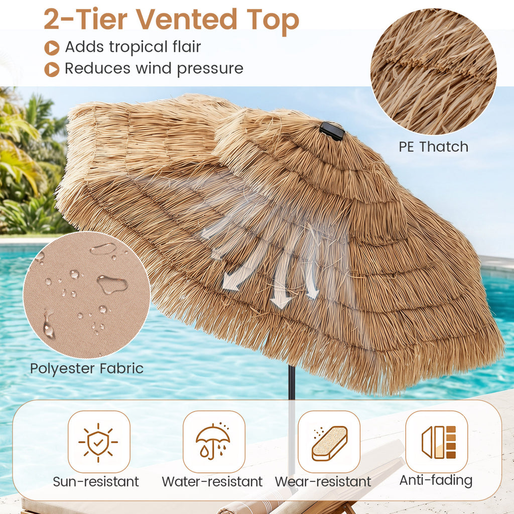 9 FT Solar Thatched Tiki Umbrella with 96 Multi-colored Flowing