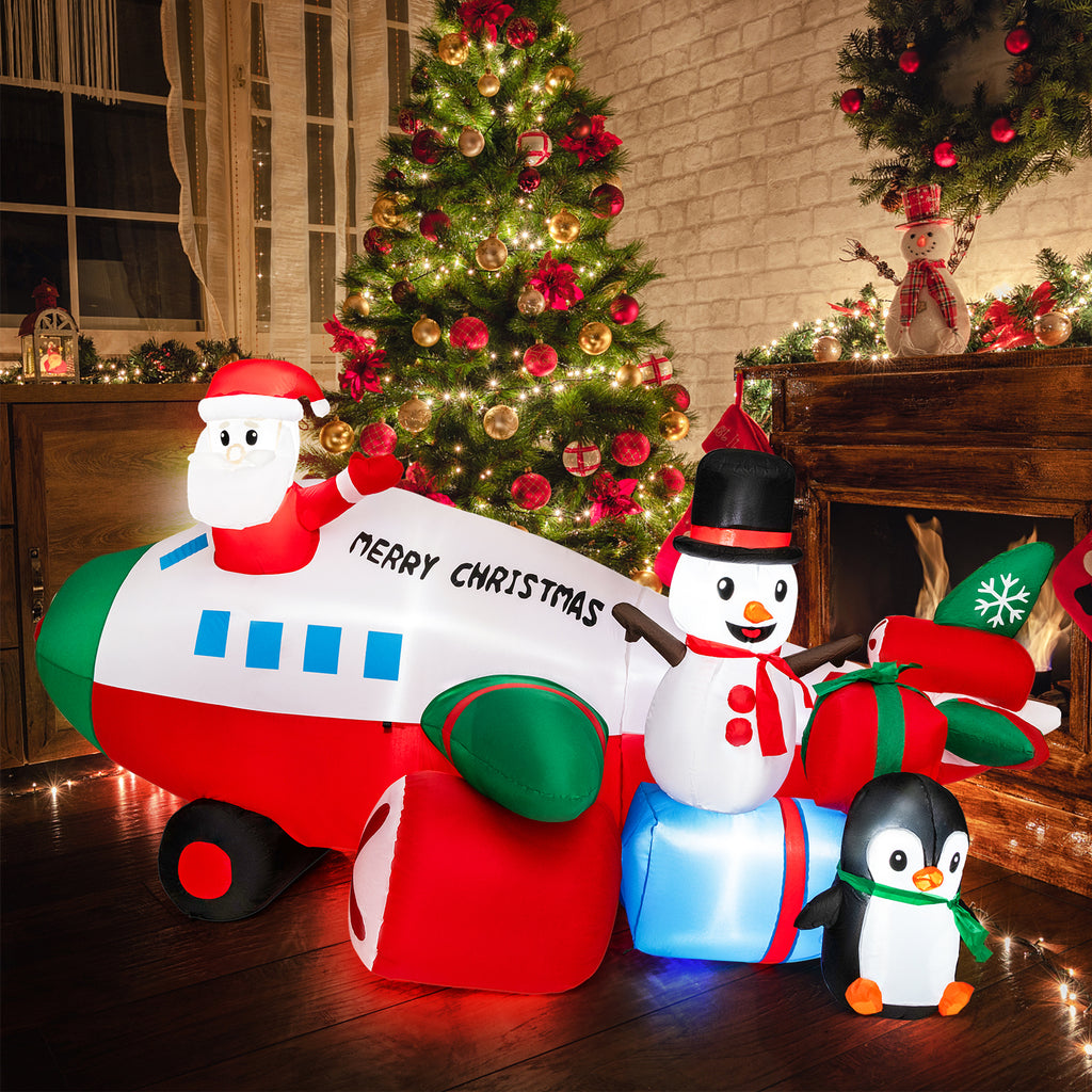 Lighted Christmas Inflatable Santa on Helicopter with Penguin - Santa in Airplane Variation