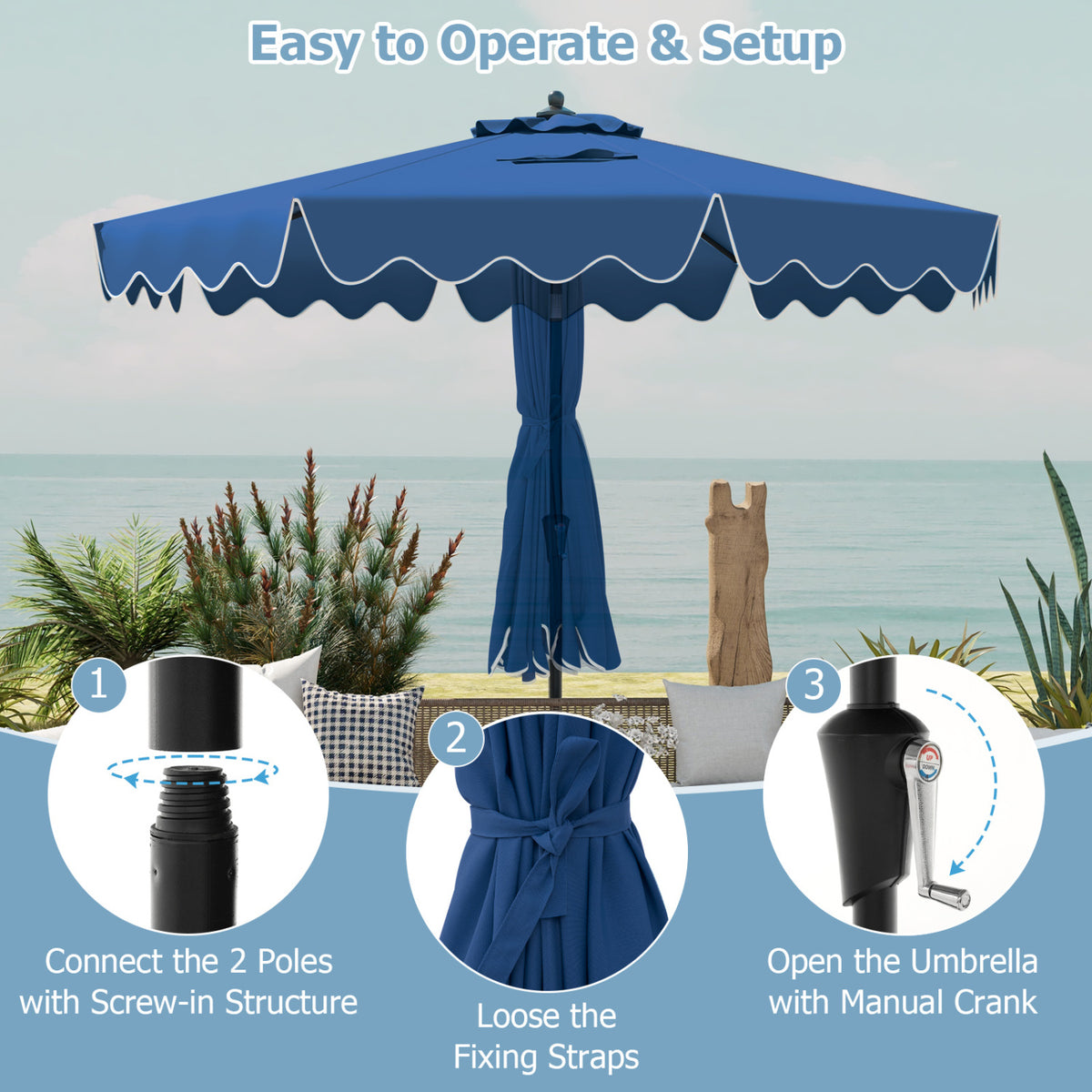 9 Feet Patio Umbrella with Crank Handle and Tilt - Navy