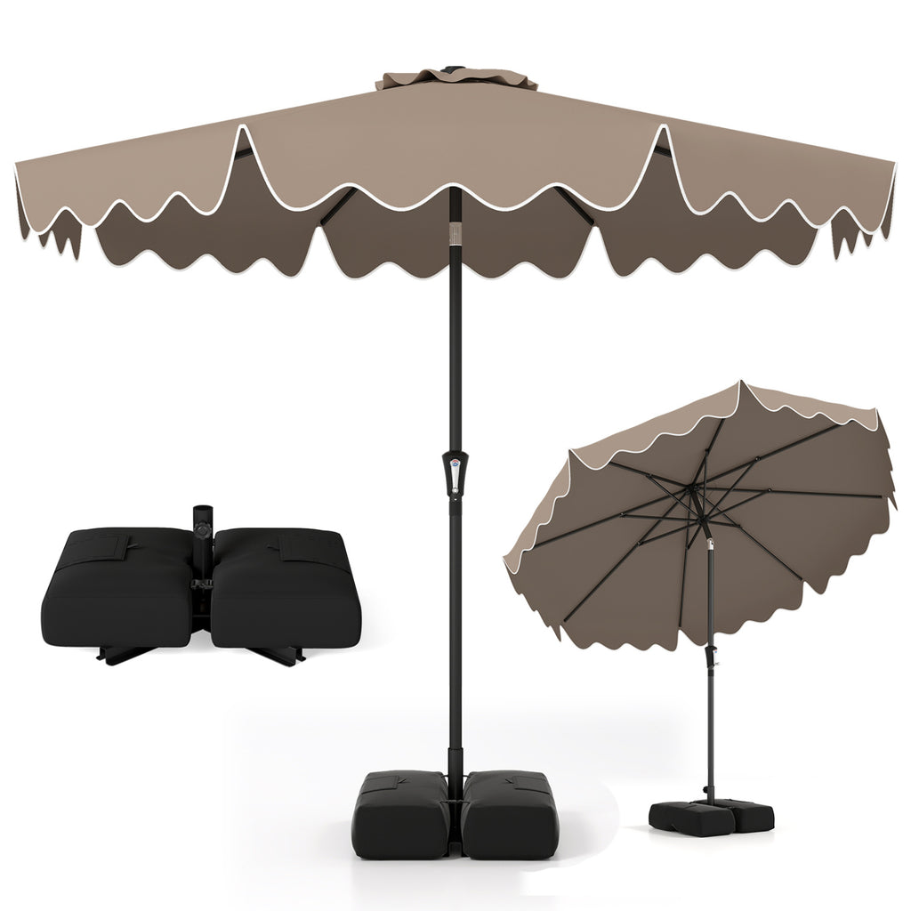 9 Feet Patio Umbrella with Weighted Base and Sandbags - Brown