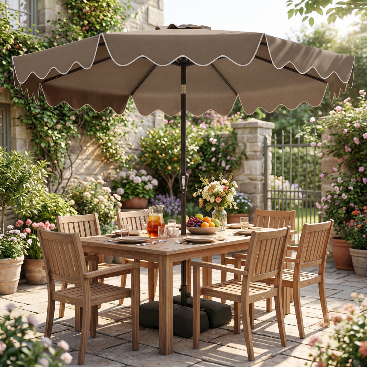 9 Feet Patio Umbrella with Weighted Base and Sandbags - Brown