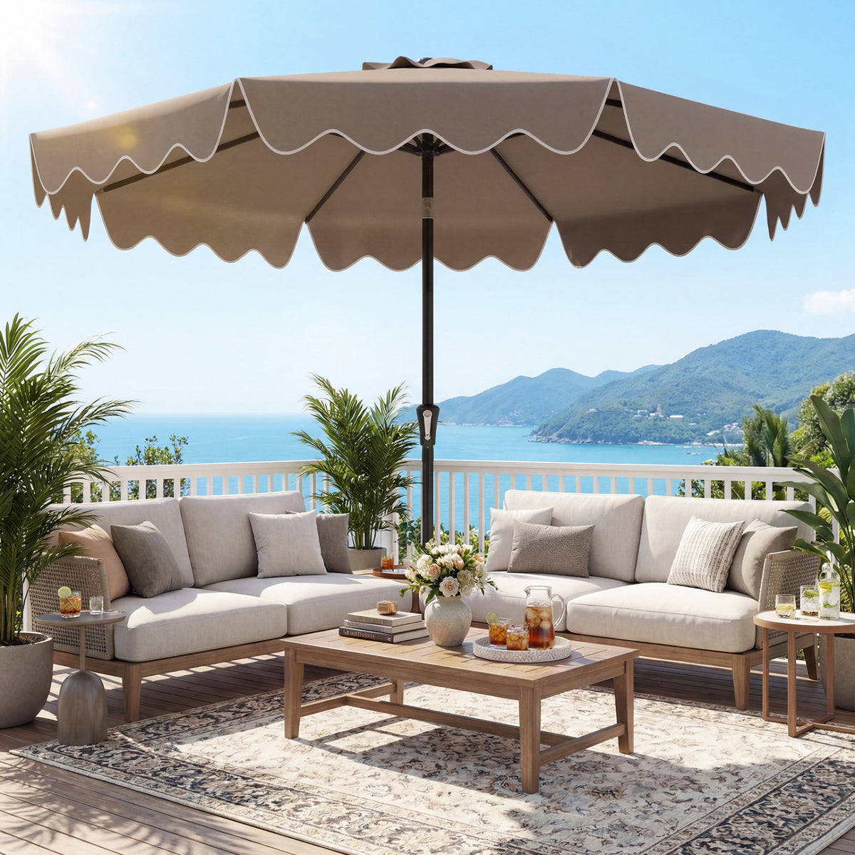 9 Feet Patio Umbrella with Weighted Base and Sandbags - Brown