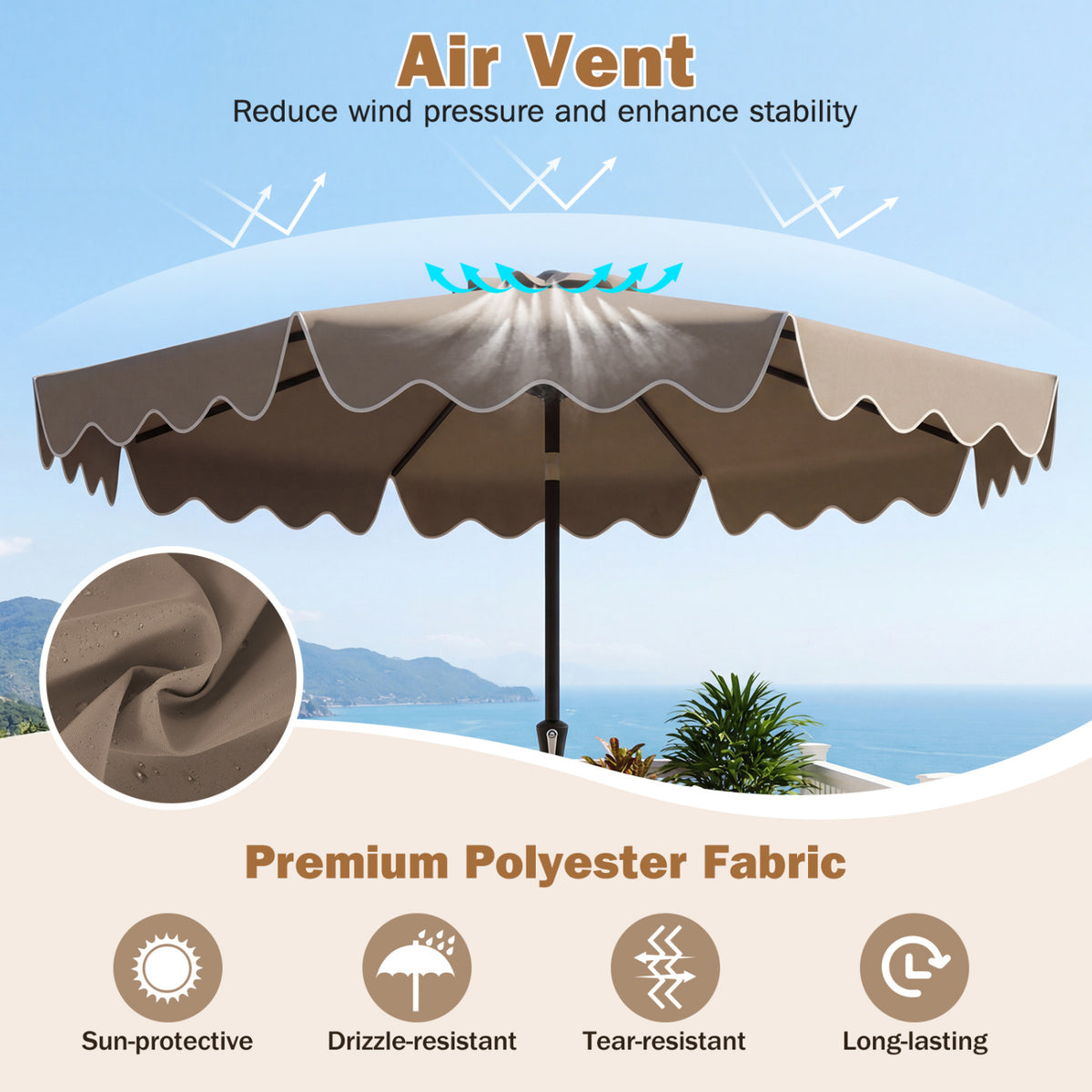 9 Feet Patio Umbrella with Weighted Base and Sandbags - Brown