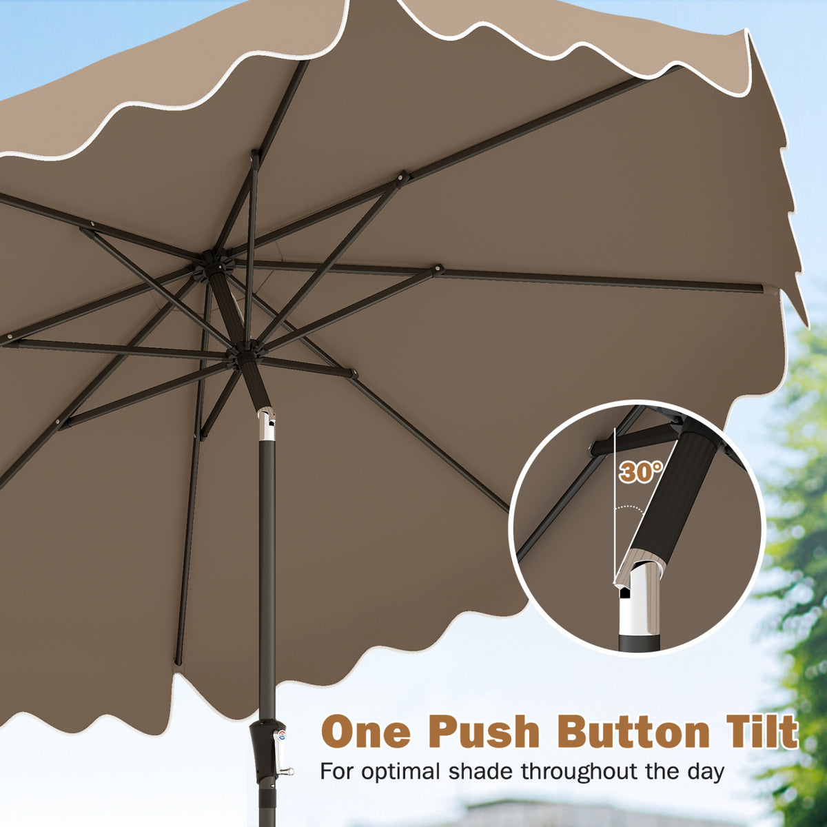 9 Feet Patio Umbrella with Weighted Base and Sandbags - Brown