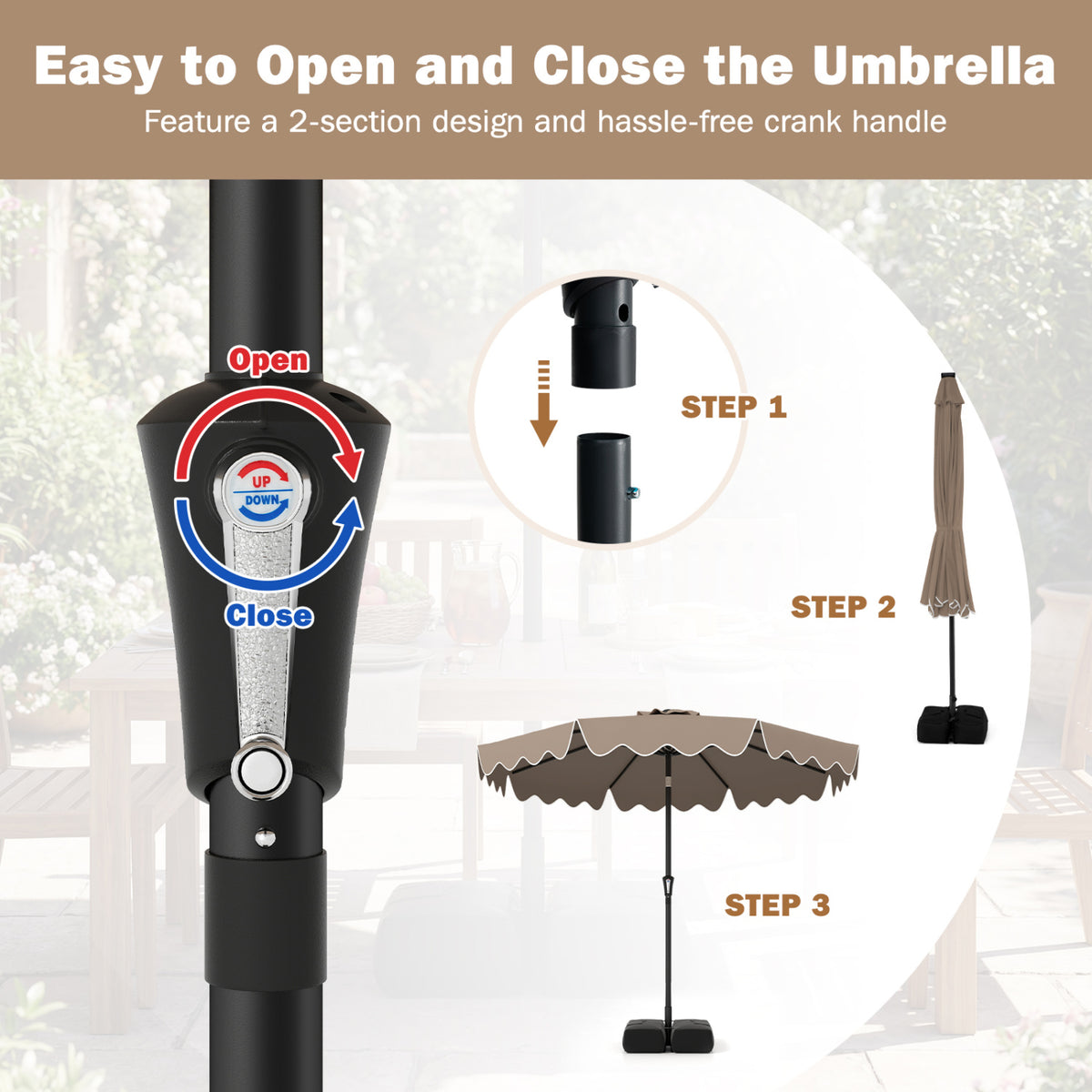 9 Feet Patio Umbrella with Weighted Base and Sandbags - Brown