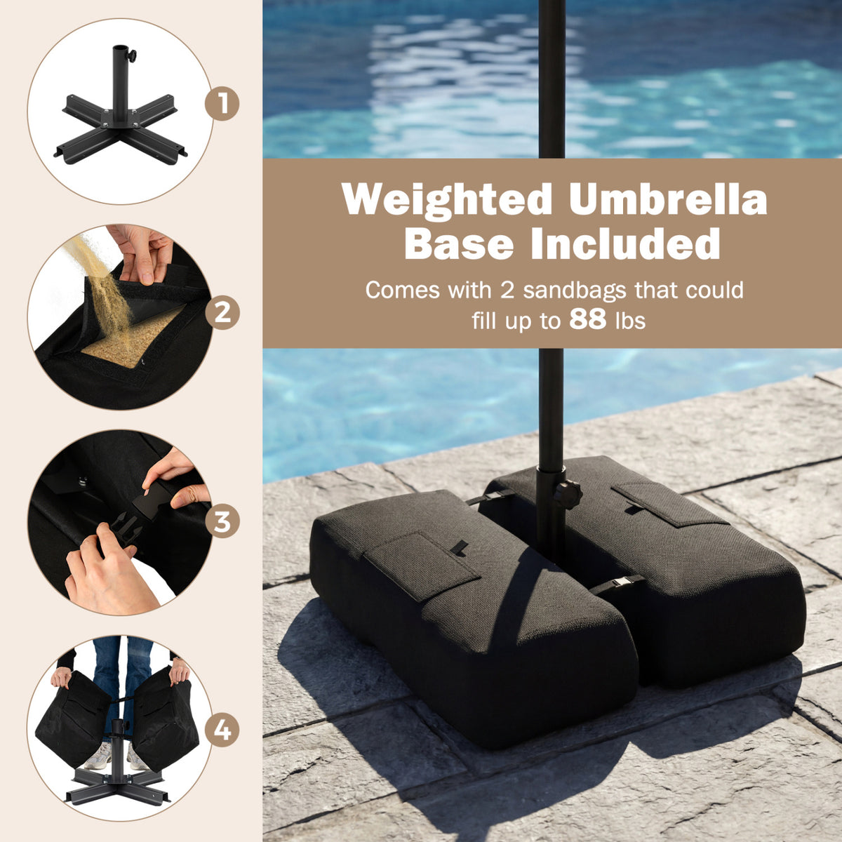 9 Feet Patio Umbrella with Weighted Base and Sandbags - Brown