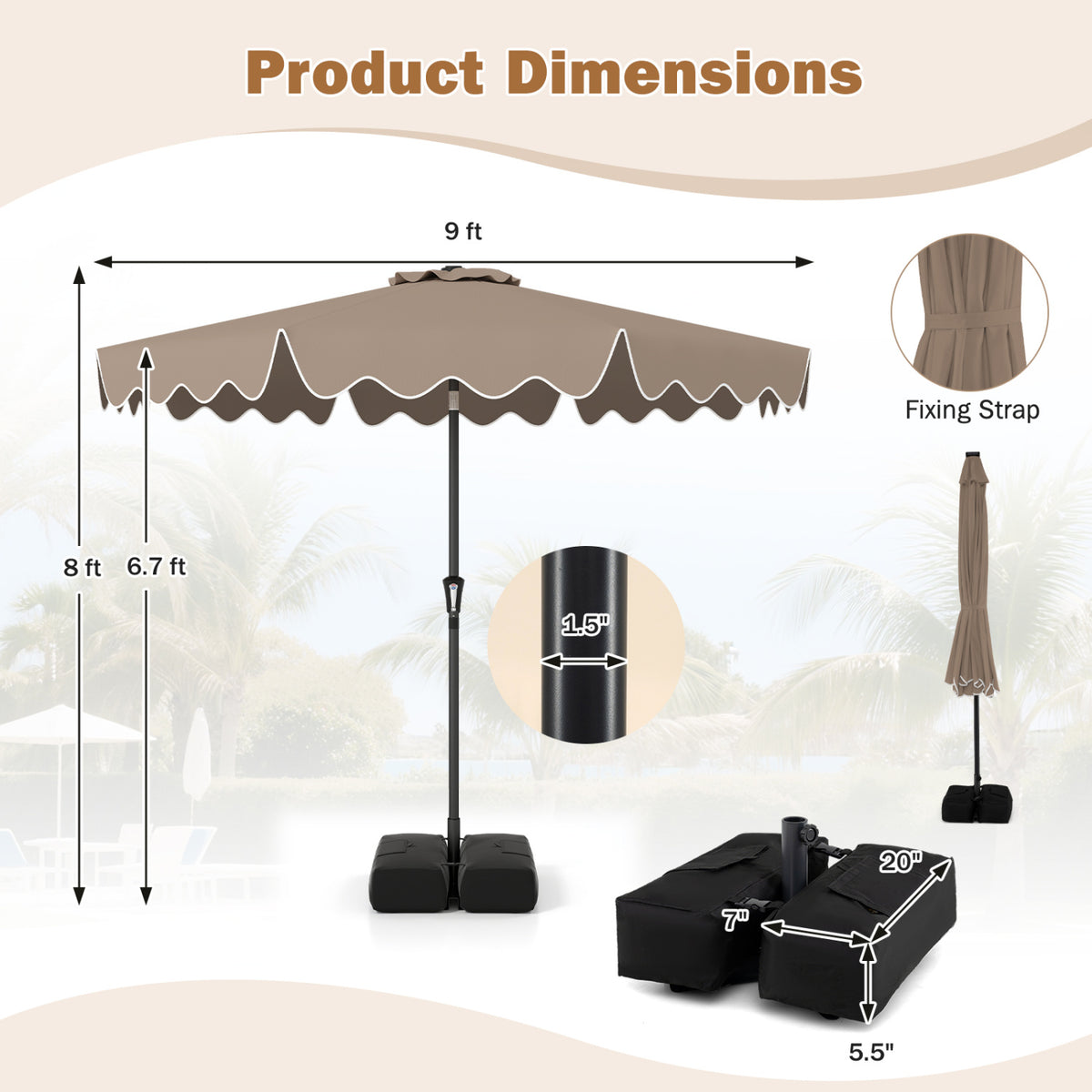 9 Feet Patio Umbrella with Weighted Base and Sandbags - Brown