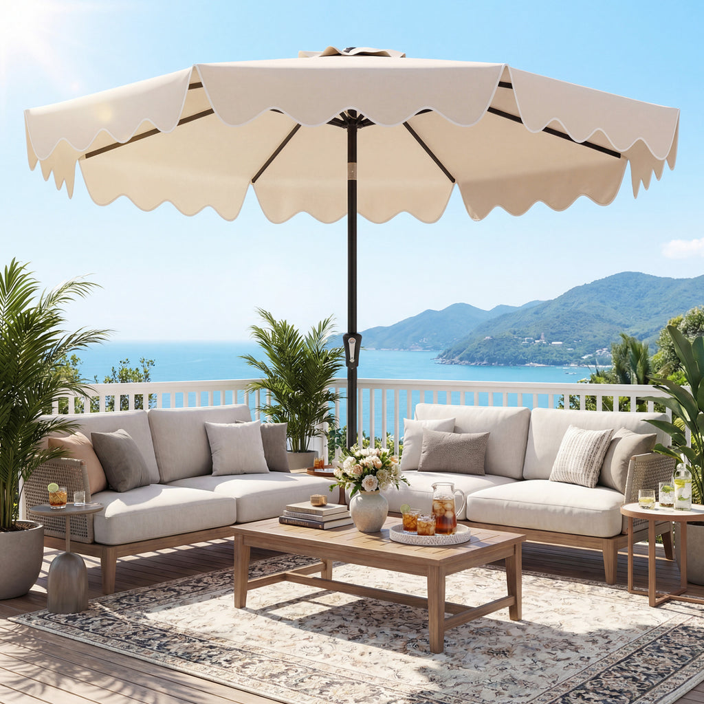 9 Feet Patio Umbrella with Weighted Base and Sandbags - Brown