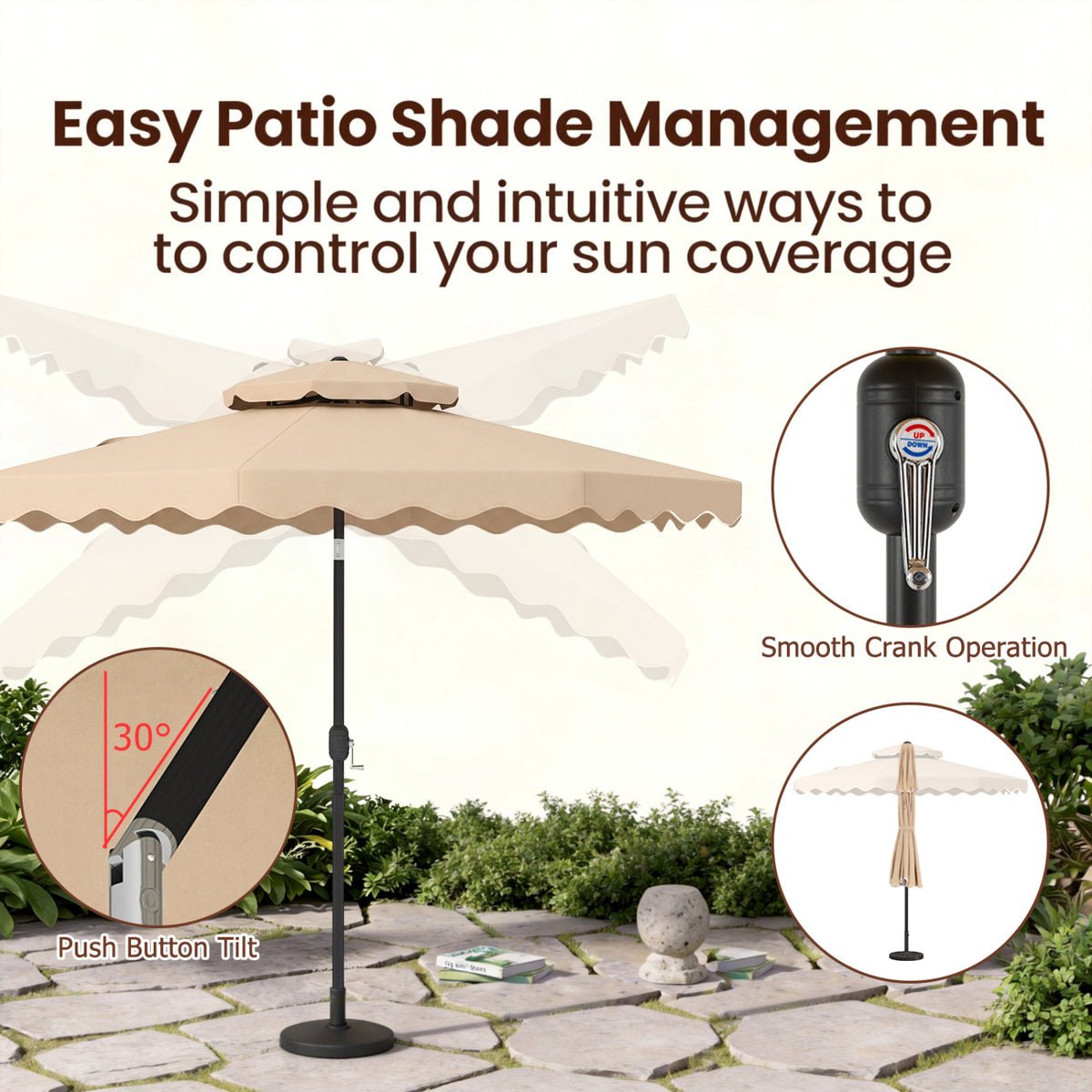9 Feet Patio Umbrella with Push Button Tilt & Crank - Beige