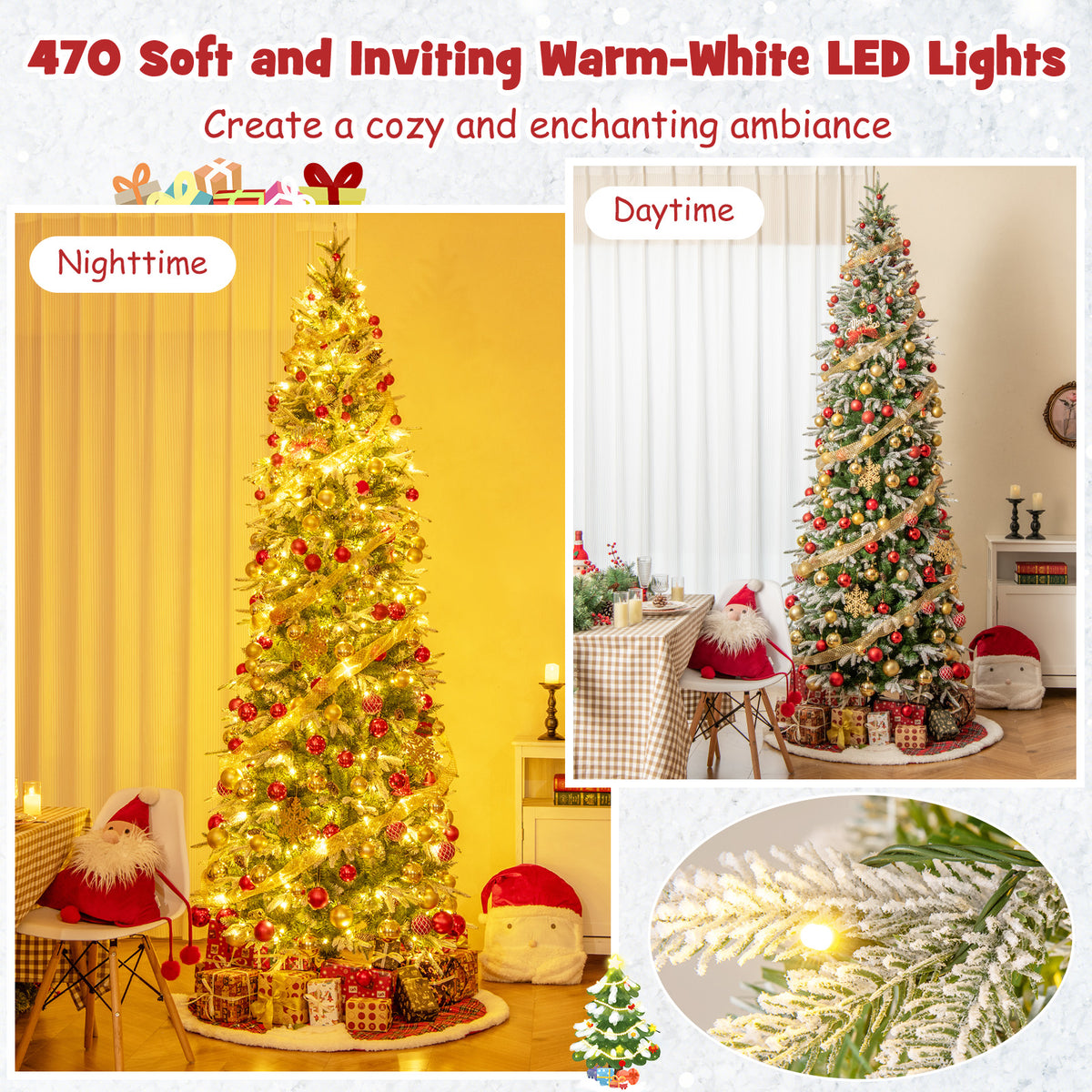 9 ft Pre-Lit Artificial Christmas Tree Snow Flocked Hinged - Costway