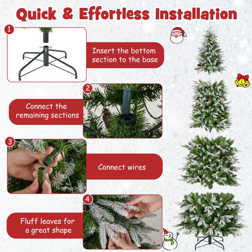 9 ft Pre-Lit Artificial Christmas Tree Snow Flocked Hinged - Costway